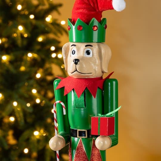 Glitzhome® 23.5"H Wooden Christmas Elf Dog Nutcracker